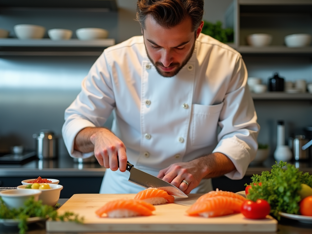 Mężczyzna w białym uniformie, przygotowujący sushi w nowoczesnej kuchni.