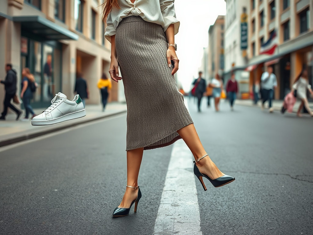 Kobieta o eleganckim wyglądzie stoi na ulicy, obok unosi się biały but sportowy. W tle widać ludzi w ruchu.