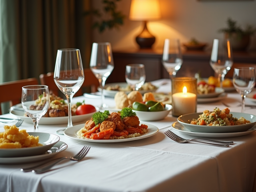 Elegancko nakryty stół w restauracji z różnorodnymi daniami i świecą.